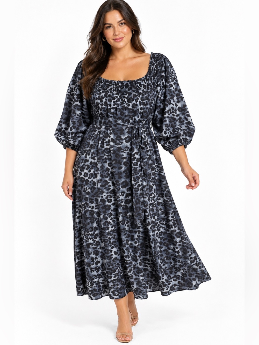 Smocked Neck Leopard Print Midi Dress in Black & Gray